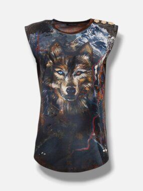 Balmain Paris Woman Blue Brown Distressed Hole Crew-Neck Cotton Tank Top Size 40
